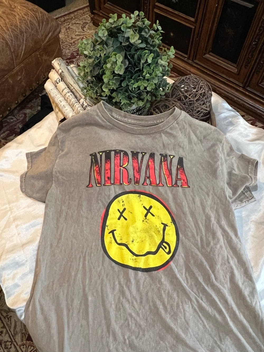 NIRVANA Taupe Short Sleeve Tee with Yellow Smiley and Red Logo